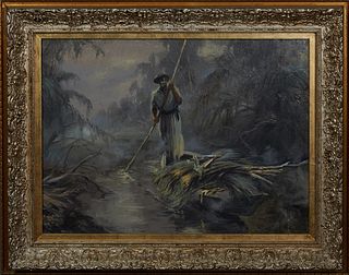 Raul Dominguez, "Straw Cutter in the Swamp," 20th c., oil on canvas, signed lower left, titled in Spanish verso, presented in a gilt and gesso frame, 