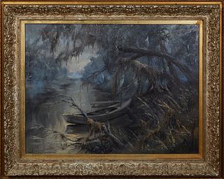 Raul Dominguez, "Beginning of Winter in the Swamp," 20th c., oil on canvas, signed lower left, titled in Spanish verso, presented in a gilt and gesso 