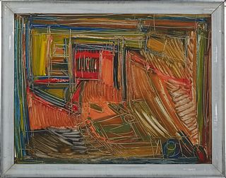 Patrick Boudon (1944-, French), "Abstract," 20th c., mixed media on board, unsigned, presented in a silvered and polychromed frame, H.- 19 1/4 in., W.