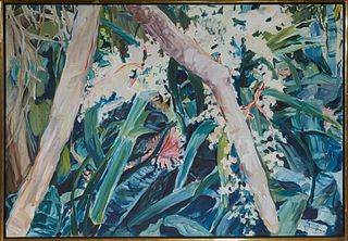 Pamela Kelly Sills, "Bird in a Flowering Garden, " 1986, oil on canvas, signed and dated lower right, presented in a thin brass clad wood frame, H.- 3
