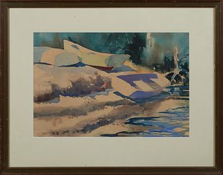 James W. Eaton, "Boats on the Shore," 1963, watercolor, signed and dated lower left, presented in a mahogany frame, H.- 12 1/2 in., W.- 18 1/2 in. Pro