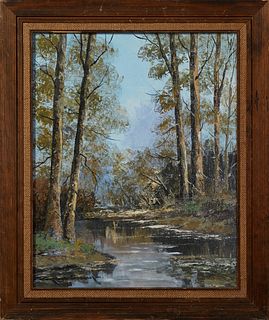 Raymond Scully (Louisiana), "Wooded Landscape with Stream," 20th c., oil on canvas, signed lower left, presented in a wood frame with a burlap liner, 