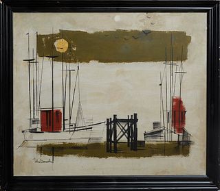 John Donnels (1954-2009, New Orleans), "Shrimp Boats," 20th c., oil on masonite, signed lower left, presented in an ebonized frame, H.- 22 7/8 in., W.