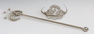 Mardi Gras: Queen's Scepter and Tiara, 20th c, Krewe unknown, mounted with numerous rhinestones, Scepter- H.- 21 in., .- 4 1/4 in., D.- 1 1/8 in. (2 P