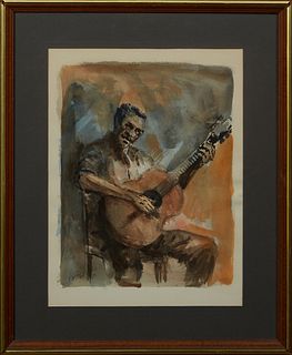 Al Federico (Louisiana), "Jazz Guitar Player," 1980, watercolor, signed and dated lower left, presented in a brass mounted mahogany frame, H.- 15 1/2 