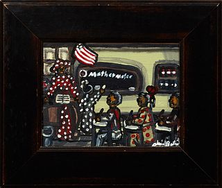 Alvin Batiste (Louisiana), "The Schoolroom," 21st c., oil on canvas, signed lower right, presented in a wide ebonized frame, H.- 7 1/8 in., W.- 9 3/8 