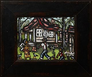 Alvin Batiste (Louisiana), "Feeding the Chickens," 2012, oil on canvas, signed and dated lower right, presented in a wide ebonized frame, H.- 7 1/8 in