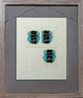 Leder (Poss. Wojciech Leder), "Abstract Shapes," 1979, mixed media, signed and dated lower right, presented in a double glazed washed oak frame, H.- 2