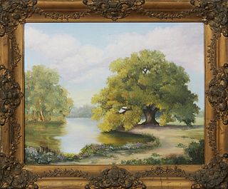 Louisiana School, "Oak Tree on a Bayou," oil on canvas, signed indistinctly lower right, presented in an antique gilt and gesso frame, H.- 15 1/2 in.,