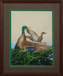 David Noll (New Orleans), "Male and Female Mallards," 20th c., watercolor, signed lower right, presented in a polychromed wood frame, H.- 17 3/4 in., 