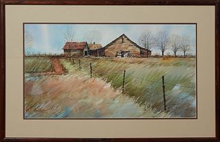 Peter Briant (New Orleans), "Farm in the Fields," 1979, watercolor, signed and dated lower left, presented in a mahogany frame, H.- 15 3/4 in., W.- 29