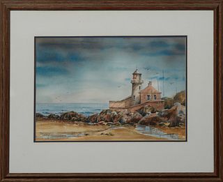 Peter Briant (New Orleans), "Lighthouse on the Point," 20th c., watercolor, signed lower left, presented in a stepped polychromed frame, H.- 13 5/8 in