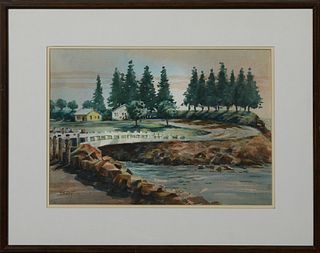 Peter Briant (New Orleans), "Bridge Across a Stream," 20th c., watercolor, signed lower left, presented in a distressed mahogany frame, H.- 14 1/4 in.