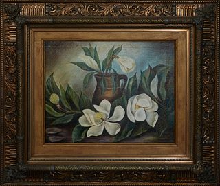 Ora Newton Gill, "Magnolia Still Life," early 20th c., oil on canvas, signed lower right, presented in a wide gilt composition frame, H.- 18 7/8 in., 