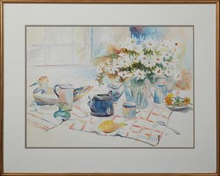Juanita Farrens (1918-2012), "Still Life of a Tabletop," 20 th c., watercolor, signed lower right, prsented in a narrow giltwood frame with a wide mat