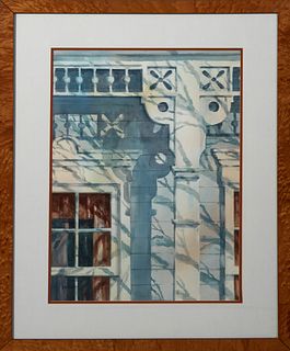 Peter Briant (New Orleans), "Victorian Millwork," 20th c., watercolor, signed lower left, presented in a burled frame, H.- 29 1/4 in., W.- 21 in. Prov