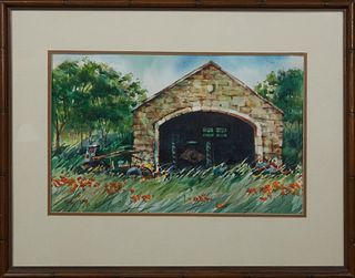 Peter Briant (New Orleans), "Stone Garage in Western France with Tractor," 1981, watercolor, signed and dated lower left, also signed, dated and title