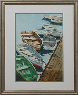 Peter Briant (New Orleans), "Rowboats at the Dock," 20th c., watercolor, signed and dated lower right, presented in a silvered frame, H.- 21 1/4 in., 