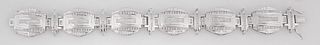 14K White Gold Art Deco Style Link Bracelet, each of the 6 large stepped arched links with three central rows of princess cut diamonds, flanked by dia