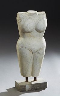Carved White Marble Female Torso, 20th c., on iron supports to a cast stone stand, Total H.- 26 in., W.- 9 1/2 in., D.- 5 in. Provenance: The Estate o