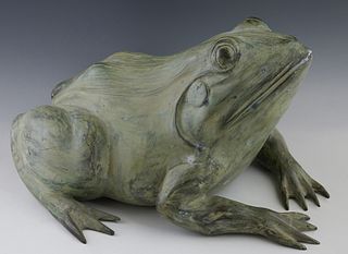Green Patinated Bronze Frog Fountain Figure, 21st c., H.- 9 1/2 in., W.- 14 in., D.- 19 in.