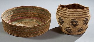 Two Native American Colored Woven Jute Open Baskets, late 19th/early 20th c., probably Apache, Larger- H.- 4 1/4 in., Dia.- 14 1/2 in. (2 Pcs.) Proven