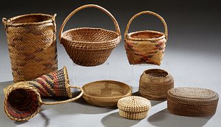 Group of Eight Louisiana Native American Woven Objects, 20th c., consisting of three woven willow handled baskets, one tall woven willow basket, two w