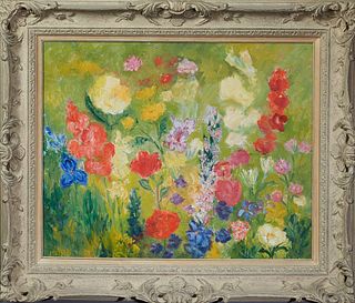 Marvin Meisels (American), "Flowers in the Garden," 20th c., oil on canvas, signed lower left, presented in a wide polychromed gesso frame with a line