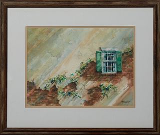 Peter Briant (New Orleans), "Window on a Brick Wall," 20th c., watercolor, signed lower right, presented in a reeded wood frame, H.- 114 in., W.- 20 i