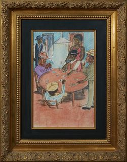 Wayne Jones (American), "Afro-American Card Game," 1990, pastel, signed and dated lower right, presented in a gilt relief frame, H.- 16 in., W.- 10 in