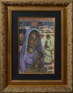 Wayne Jones (American), "Afro-American Nativity Scene," 1994, pastel, signed and dated lower right, presented in a gilt relief frame, H.- 16 in., W.- 