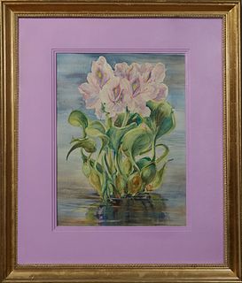 Anne Held (Texas), "Purple Lilies," 20th c., watercolor, signed lower right., presented in a bright gilt frame, H.- 15 in., W.- 11 in.