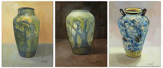 Alla Baltas (Ukranian/Louisiana), "Newcomb Pottery Vases," 20th c., three oils on canvas, each signed lower right, unframed, H.- 14 in., W.- 11 in. (3