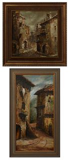 Bertran, "Calles Aldes," titled verso, and "Spanish Village Scene," 20th c., two oils on masonite, the first in a gilt highlighted polychromed frame, 