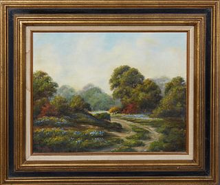 Westrup, "Texas Landscape with Bluebonnets," 20th c., oil on canvas, signed lower left, presented in a gilt and polychromed frame with a linen liner, 
