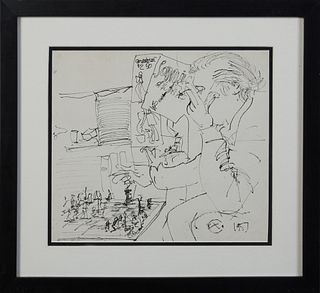 Xavier de Callatay (1932-1999, New Orleans), "The Chess Player," 1957, pen and ink, signed and dated lower right, presented in an ebonized frame, H.- 