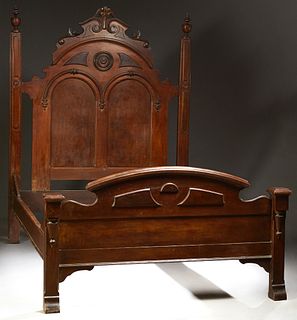 American Victorian Cutdown Carved Walnut Highback Queen Size Bed, late 19th c., the arched pierced scrolled crown headboard with a central roundel ove