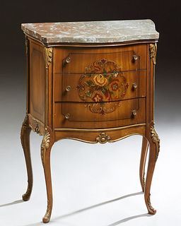 Louis XV Style Carved Mahogany Bombe Night Stand, 20th c., with a highly figured brown marble top over three small drawers with floral painted decorat