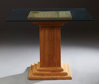 Contemporary Cypress Breakfast Table, 20th c., the thick square glass top on a central stepped square support, H.- 30 1/8 in., W.- 39 in., D.- 39 in.