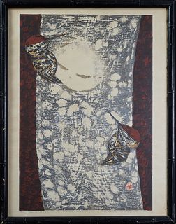 Kaoru Kawano (1916-1995, Japanese), "Woodpecker," 20th c., woodblock, 118/200, pencil numbered lower left margin, pencil titled lower center margin, p