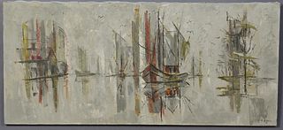 Ed Blouin (1941-,New Orleans), "Shrimp Boats on the Water," 1963, oil on canvas, signed and dated lower right, unframed, H.- 18 in., W.- 40 in. Proven