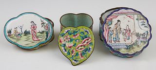 Group of Three Diminutive Chinese Enamel Covered Dresser Boxes, 19th c., one a circular scalloped example, the lid depicting children; one of heart fo