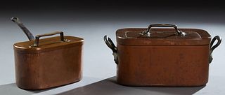 Two Pieces of French Copper Cookware, early 20th c., consisting of a covered daubiere with copper handles; and a large covered sauce pot with a side i