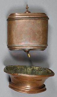 French Provincial Copper and Brass Lavabo, late 19th c., consisting of a reservoir and a basin, Reservoir- H.- 16 in., W.- 12 1/2 in., D.- 5 1/2 in., 