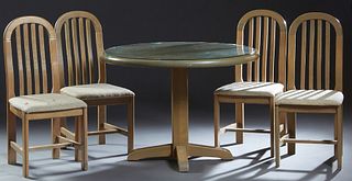 Contemporary Polychromed Carved Oak Breakfast Set, 20th c., consisting of a circular table on a central square support to X-form splayed legs, with a 