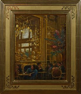 Donny Finley (1951- , Alabama), "New Orleans Bar Scene," 20th c., oil on canvas, signed lower right, presented in a stepped gilt frame, H.- 17 3/8 in.
