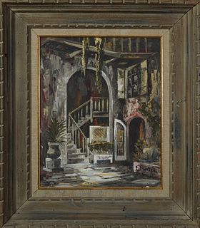 Ed Blouin (New Orleans), "French Quarter Patio," 20th c., oil on canvas, signed lower right, presented in a stepped grey washed frame with a linen lin