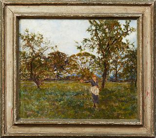 George Herbert Jupp (1869-1925, English), "Woman in a Field," 19th c., oil on canvas, signed lower left, presented in a wide polychromed frame, H.- 19