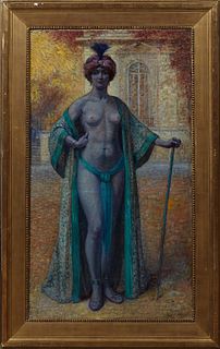 Maurice Jean LeFebvre (1873-1954, Belgian), "Orientalist Standing Female Nude," early 20th c., oil on canvas, signed lower right, presented in a wide 