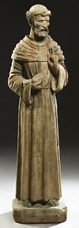 Cast Stone Garden Figure of St. Anthony, 20th c., on an integral octagonal base, H.- 59 1/2 in., W.- 17 in., D.- 17 in. Provenance: The Estate of Paul